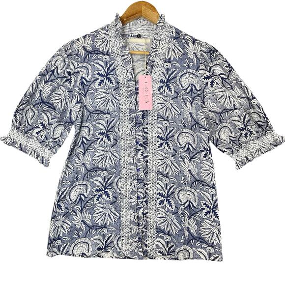 Lola Australia XS Ocean Boho Puff Cotton Abstract Blouse Embroidered Cottagecore - Picture 1 of 11